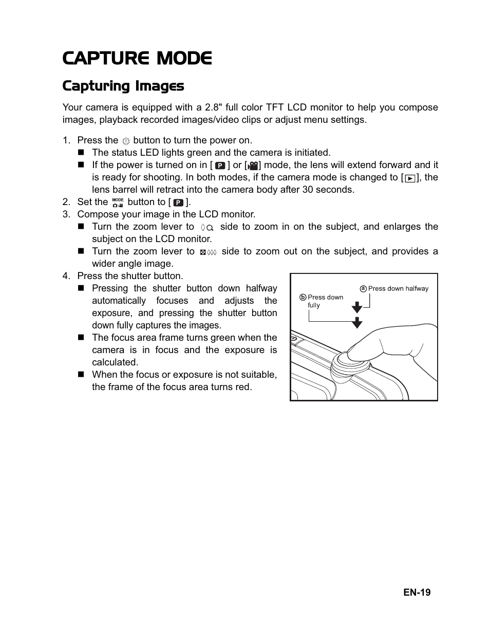 Capture mode, Capturing images | Sanyo VPC-T1060 User Manual | Page 20 / 47