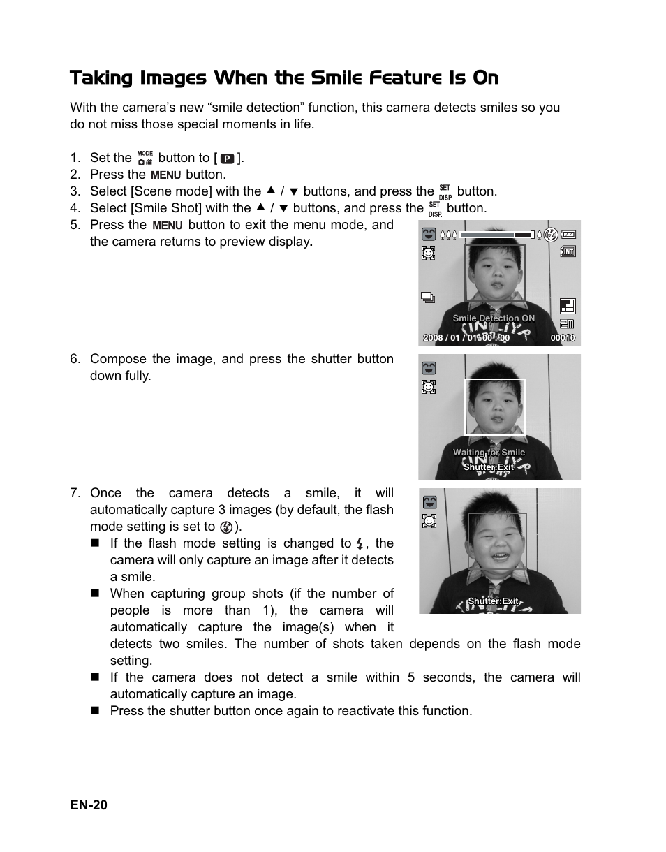 Taking images when the smile feature is on | Sanyo VPC-T1060 User Manual | Page 21 / 47