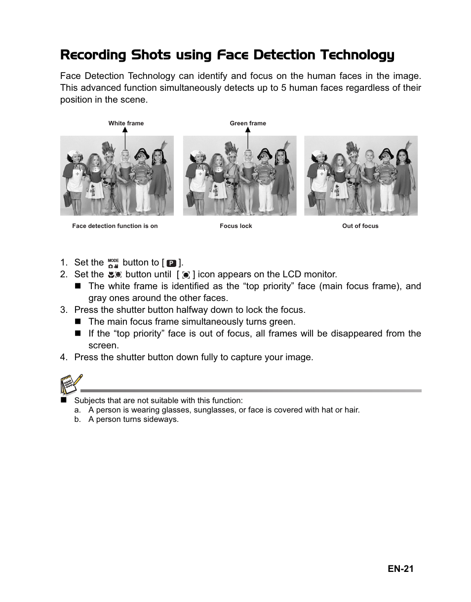 Recording shots using face detection technology | Sanyo VPC-T1060 User Manual | Page 22 / 47