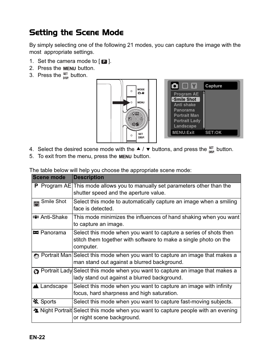 Setting the scene mode | Sanyo VPC-T1060 User Manual | Page 23 / 47