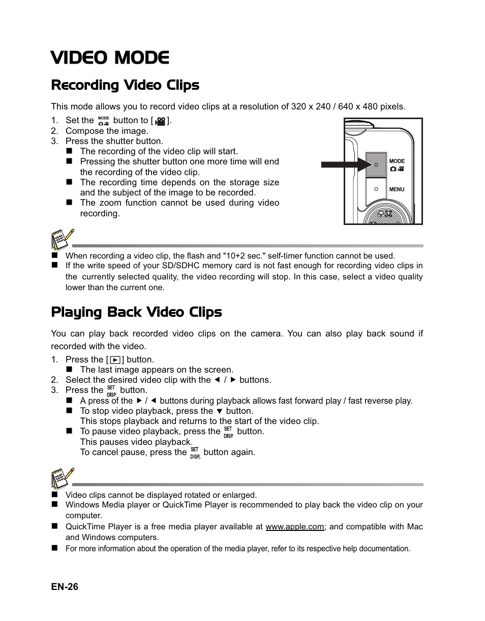 Video mode, Recording video clips, Playing back video clips | Sanyo VPC-T1060 User Manual | Page 27 / 47