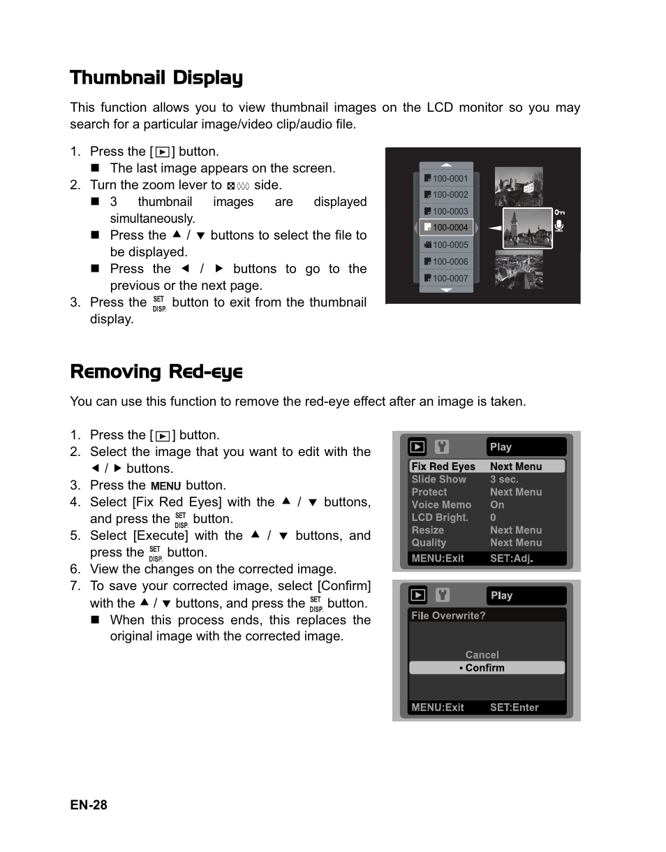 Thumbnail display, Removing red-eye | Sanyo VPC-T1060 User Manual | Page 29 / 47