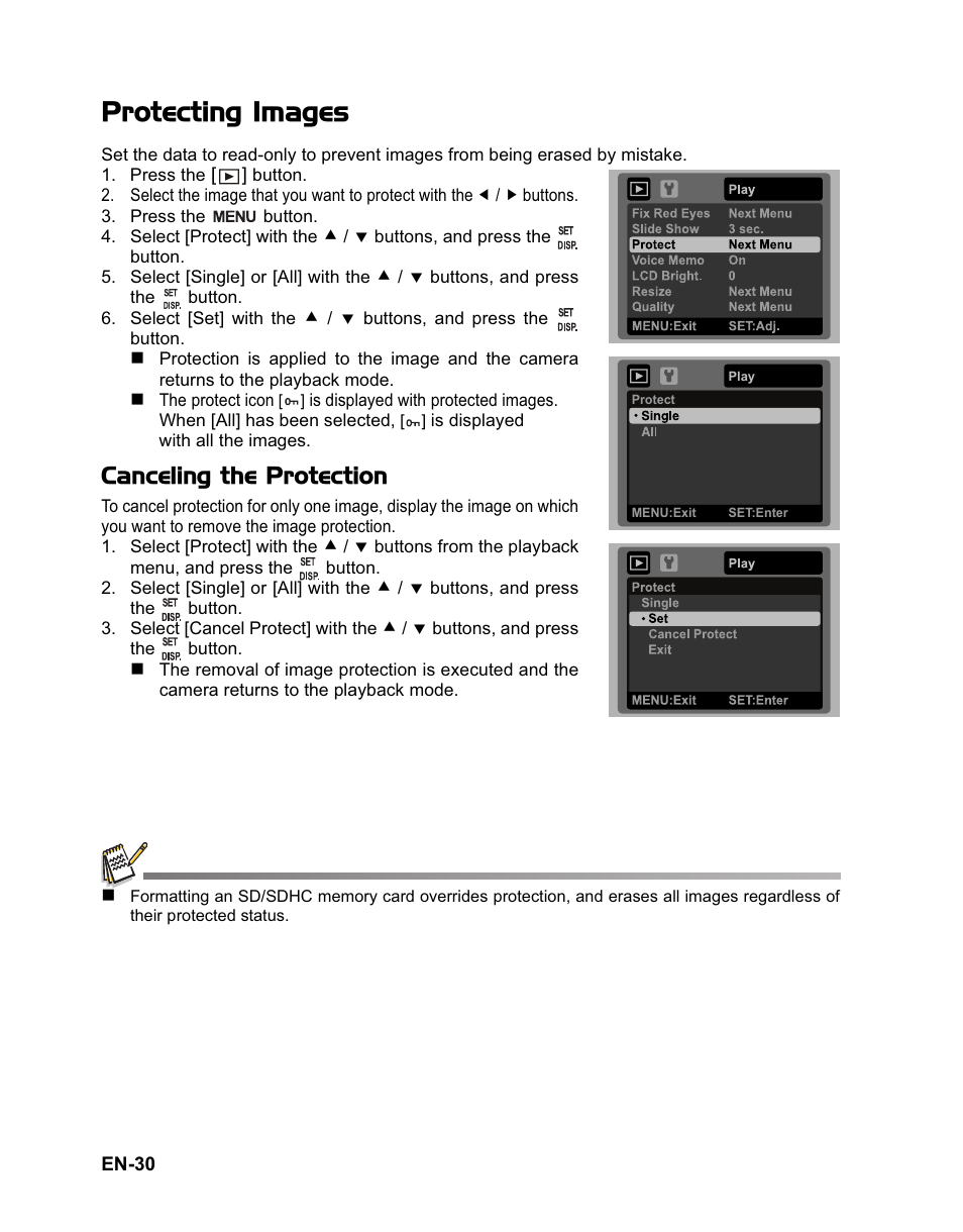 Protecting images, Canceling the protection | Sanyo VPC-T1060 User Manual | Page 31 / 47