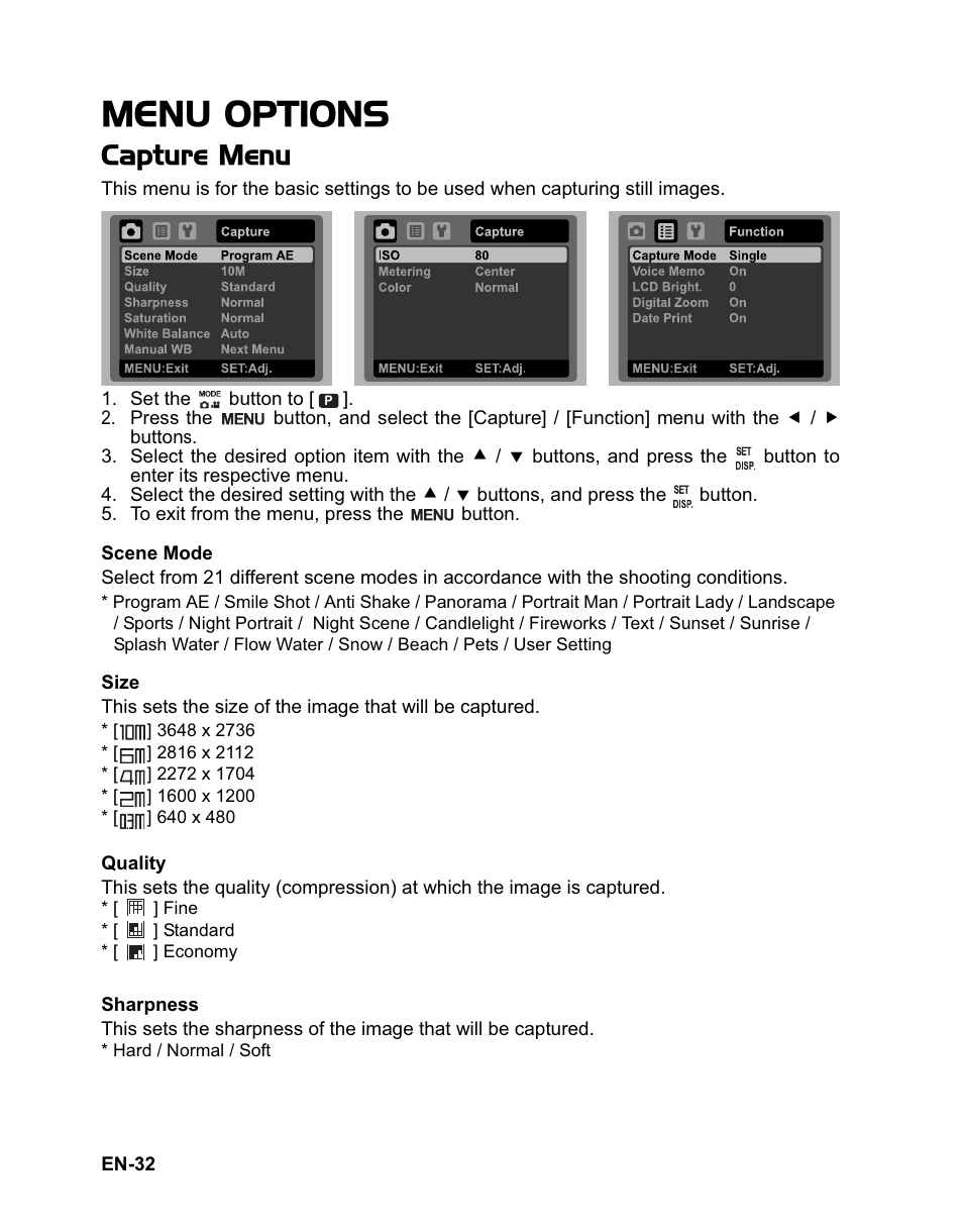 Menu options, Capture menu | Sanyo VPC-T1060 User Manual | Page 33 / 47