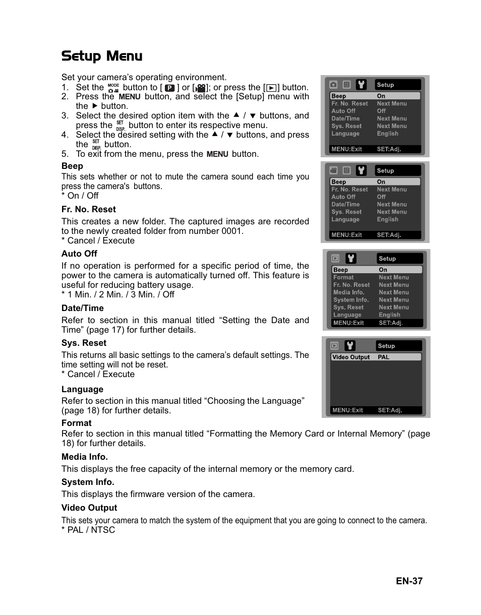 Setup menu | Sanyo VPC-T1060 User Manual | Page 38 / 47