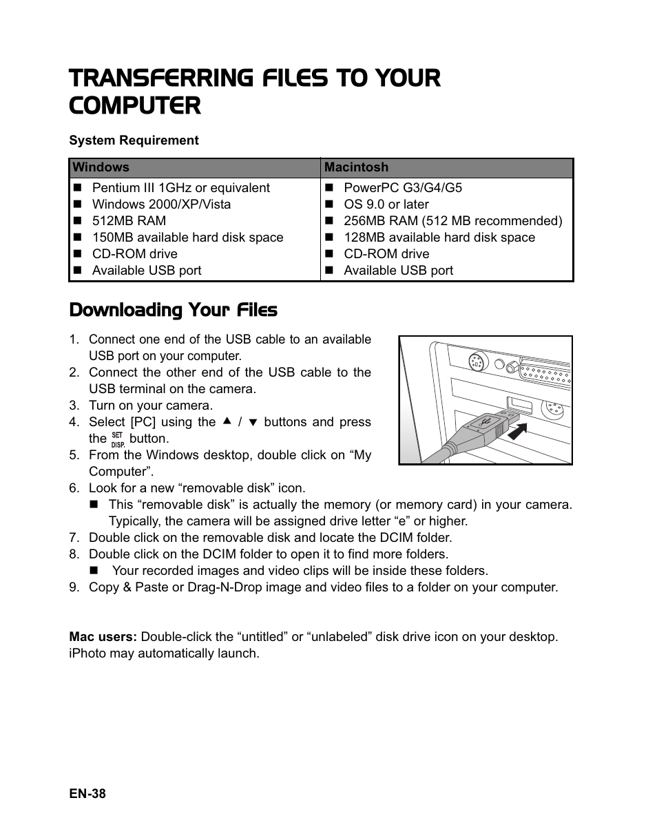 Transferring files to your computer, Downloading your files | Sanyo VPC-T1060 User Manual | Page 39 / 47