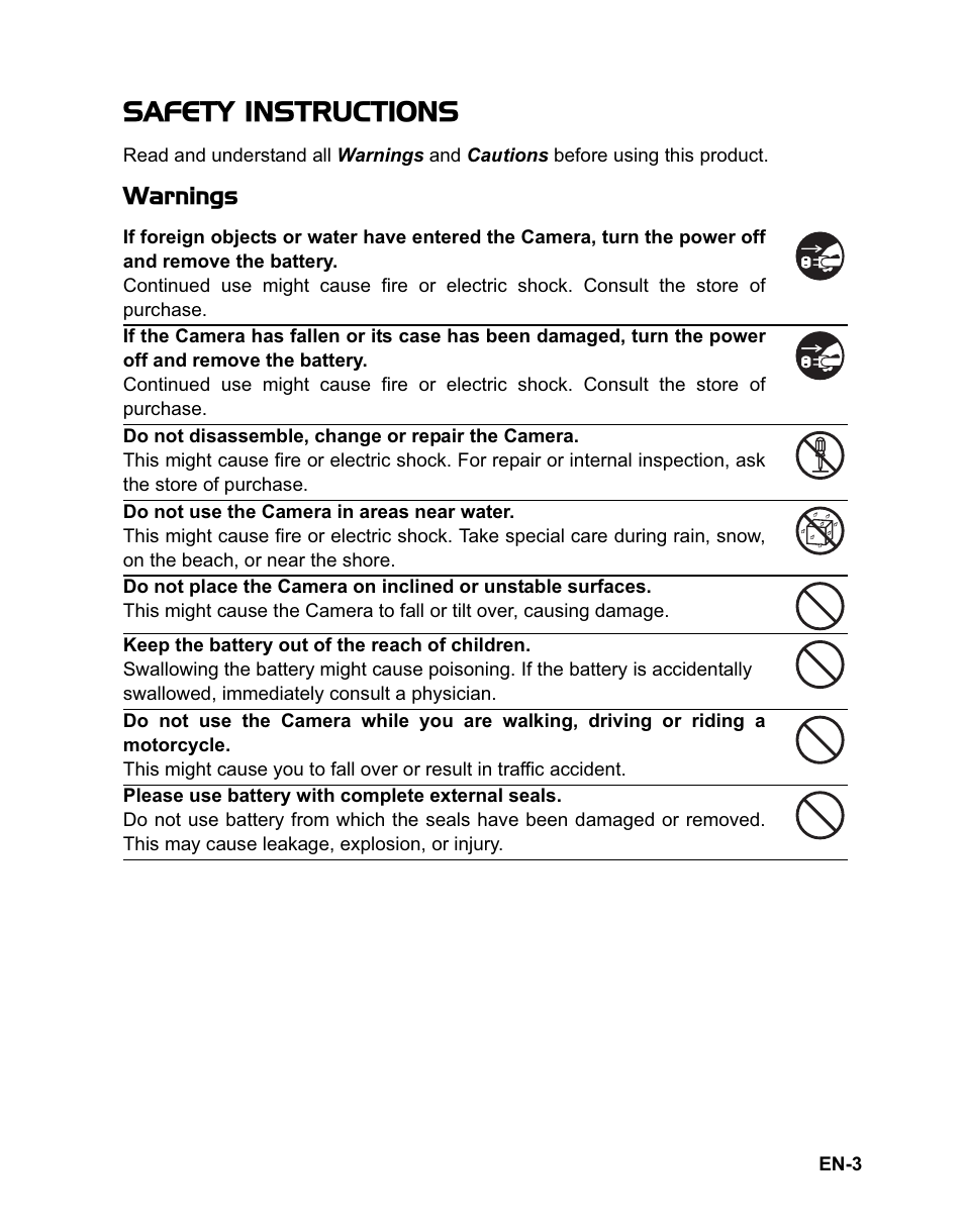 Safety instructions, Warnings | Sanyo VPC-T1060 User Manual | Page 4 / 47