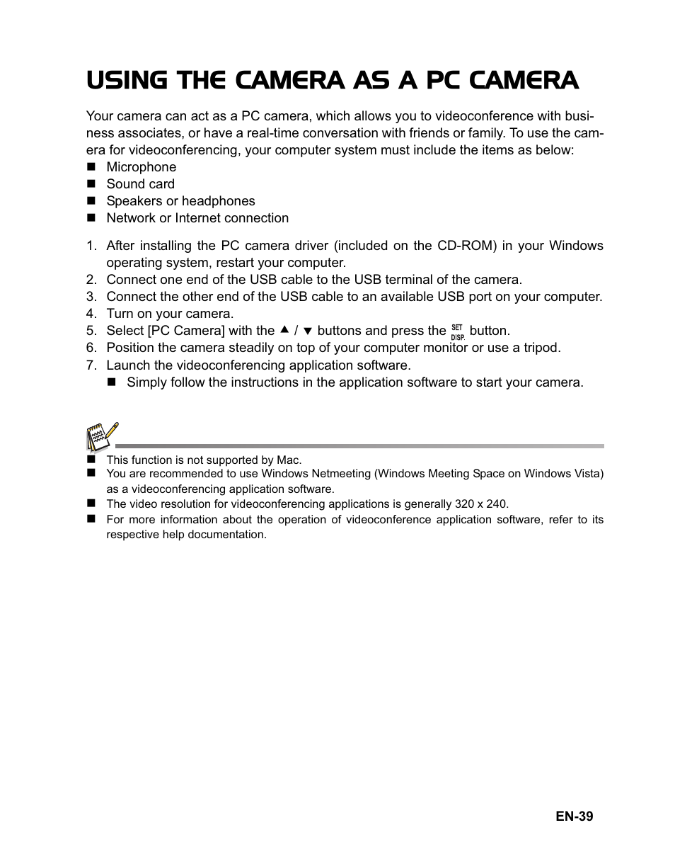 Using the camera as a pc camera | Sanyo VPC-T1060 User Manual | Page 40 / 47