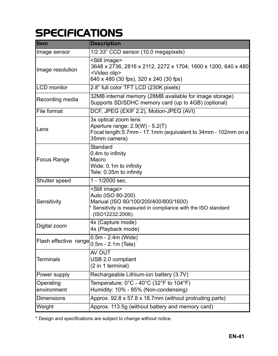 Specifications | Sanyo VPC-T1060 User Manual | Page 42 / 47