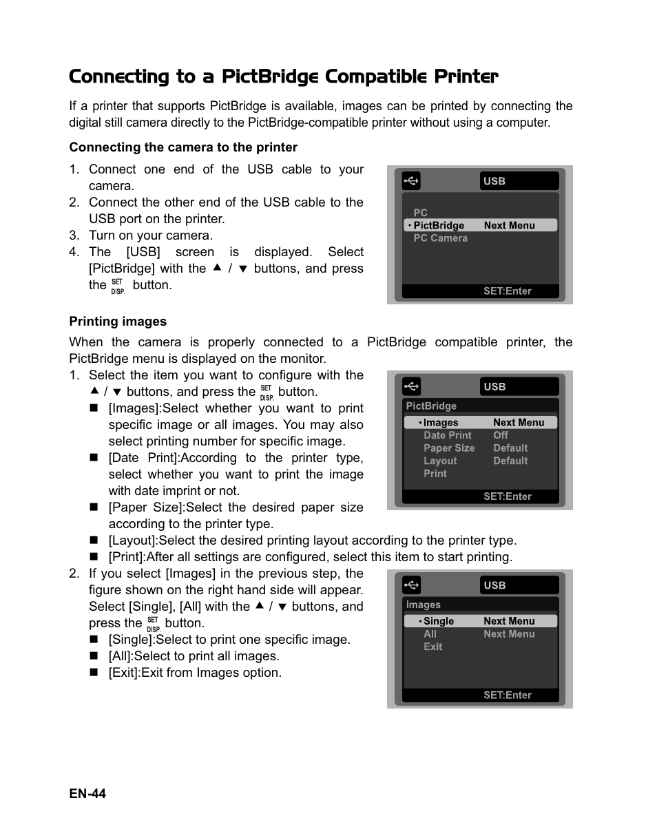 Connecting to a pictbridge compatible printer | Sanyo VPC-T1060 User Manual | Page 45 / 47