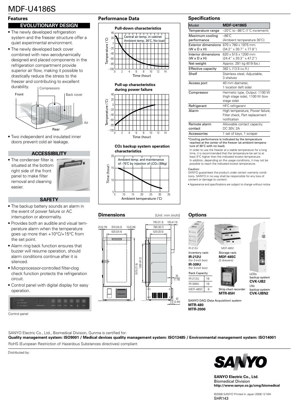 Mdf-u4186s, Dimensions, Specifications | Performance data options, Evolutionary design, Accessibility, Safety, Features | Sanyo MDF-U4186S User Manual | Page 2 / 2