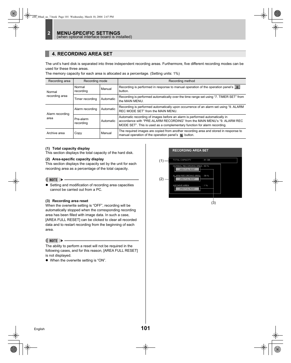 Menu-specific settings 2, Recording area set | Sanyo DSR - 300 User Manual | Page 102 / 136