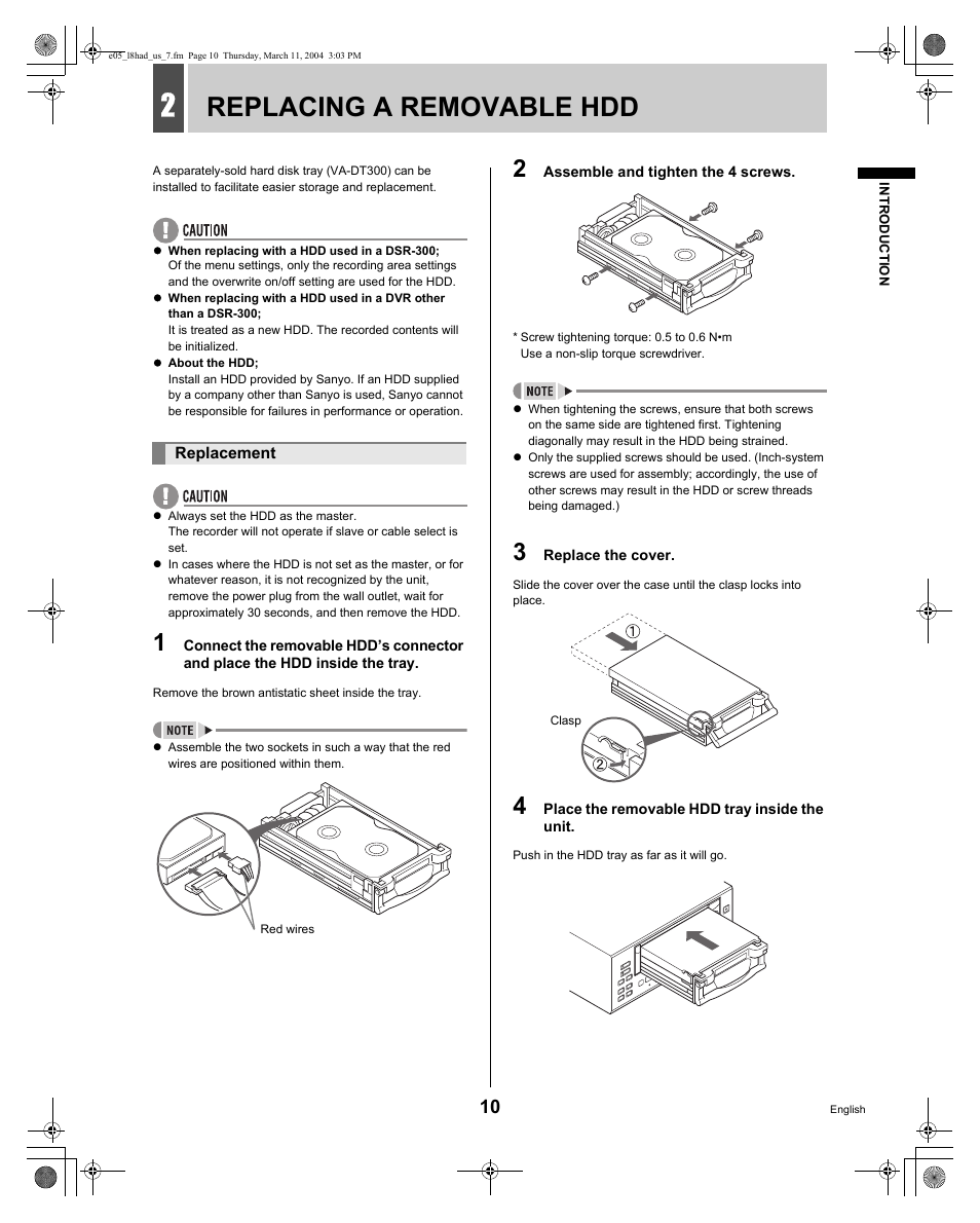 Replacing a removable hdd | Sanyo DSR - 300 User Manual | Page 11 / 136