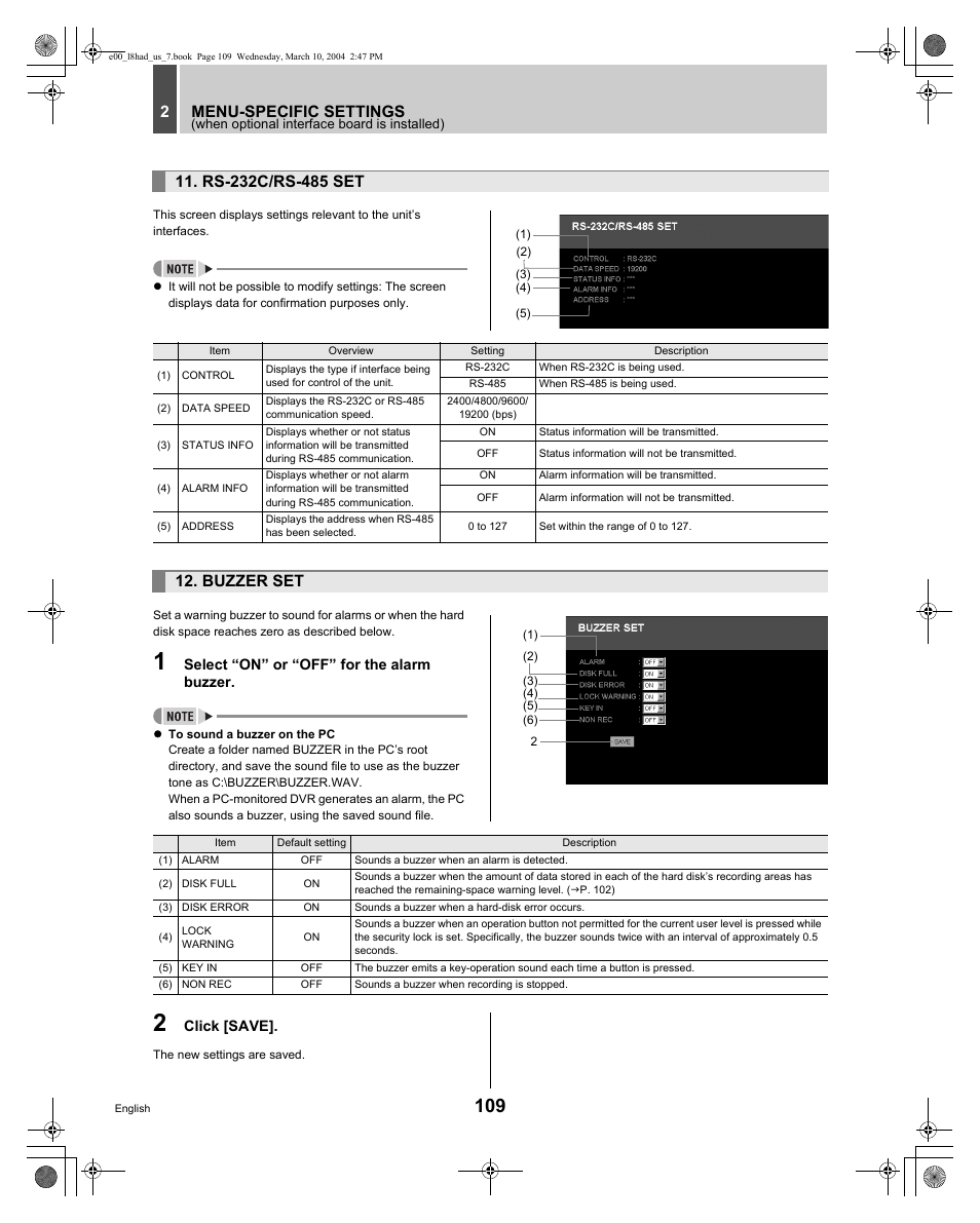 Menu-specific settings 2, Buzzer set | Sanyo DSR - 300 User Manual | Page 110 / 136