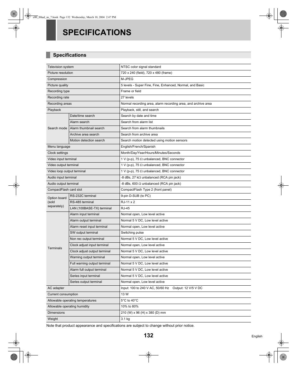 Specifications | Sanyo DSR - 300 User Manual | Page 133 / 136