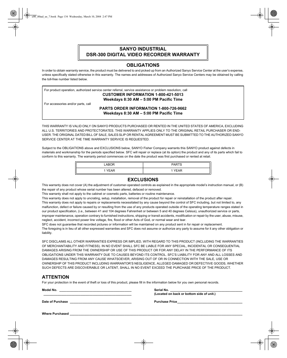 Obligations, Exclusions, Attention | Sanyo DSR - 300 User Manual | Page 135 / 136