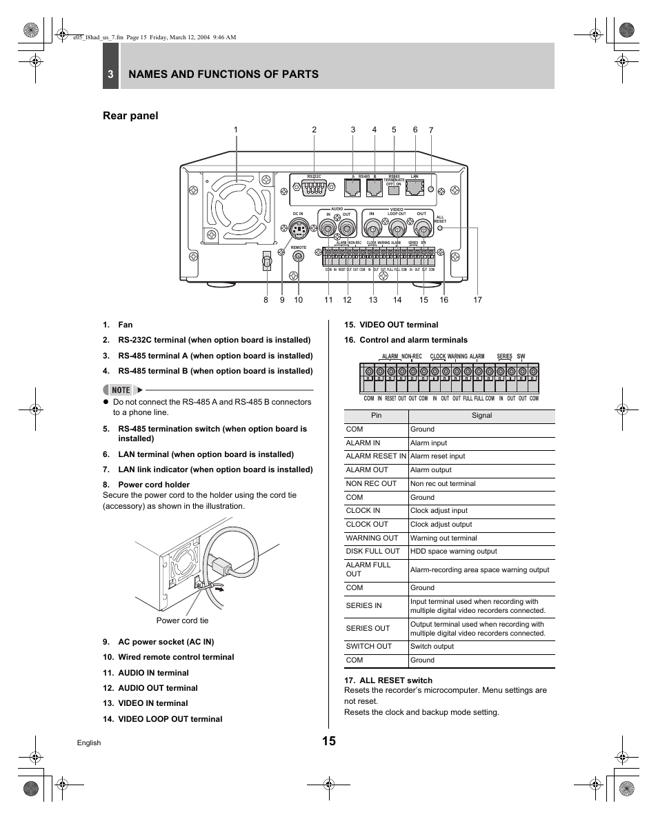 Names and functions of parts 3, Rear panel | Sanyo DSR - 300 User Manual | Page 16 / 136
