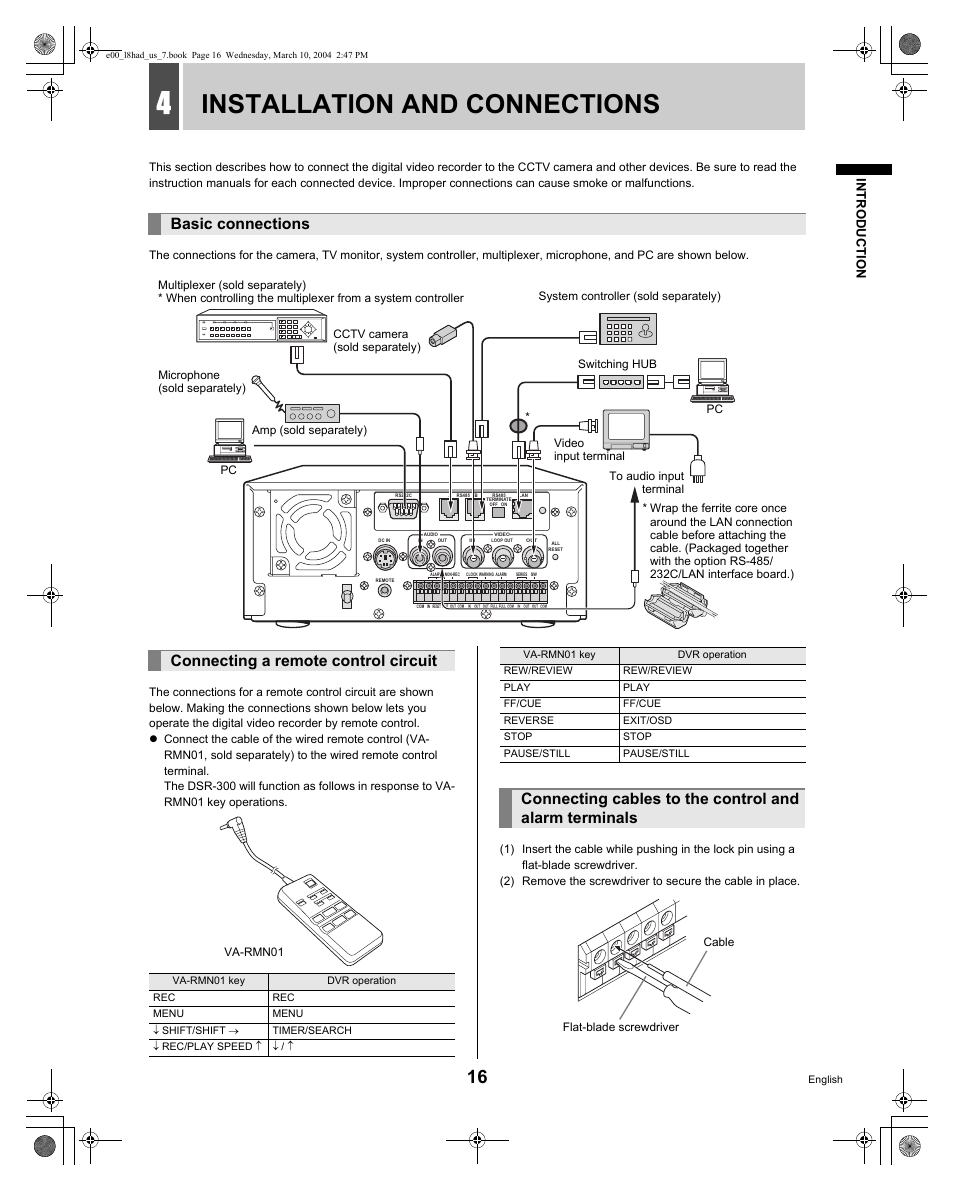 Installation and connections, Basic connections, Connecting a remote control circuit | Intro duc ti on | Sanyo DSR - 300 User Manual | Page 17 / 136