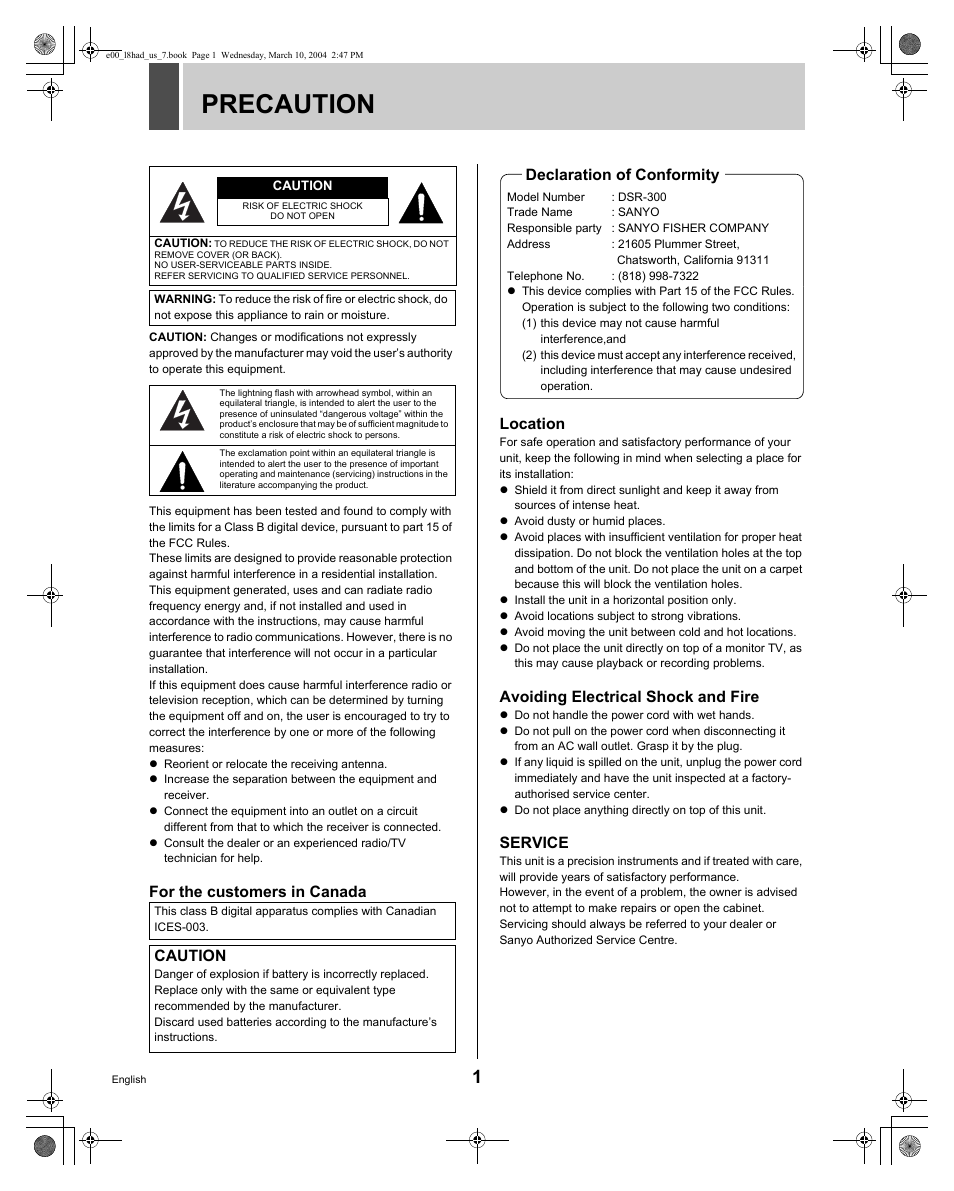 Precaution, For the customers in canada location, Avoiding electrical shock and fire | Service, Caution, Declaration of conformity | Sanyo DSR - 300 User Manual | Page 2 / 136