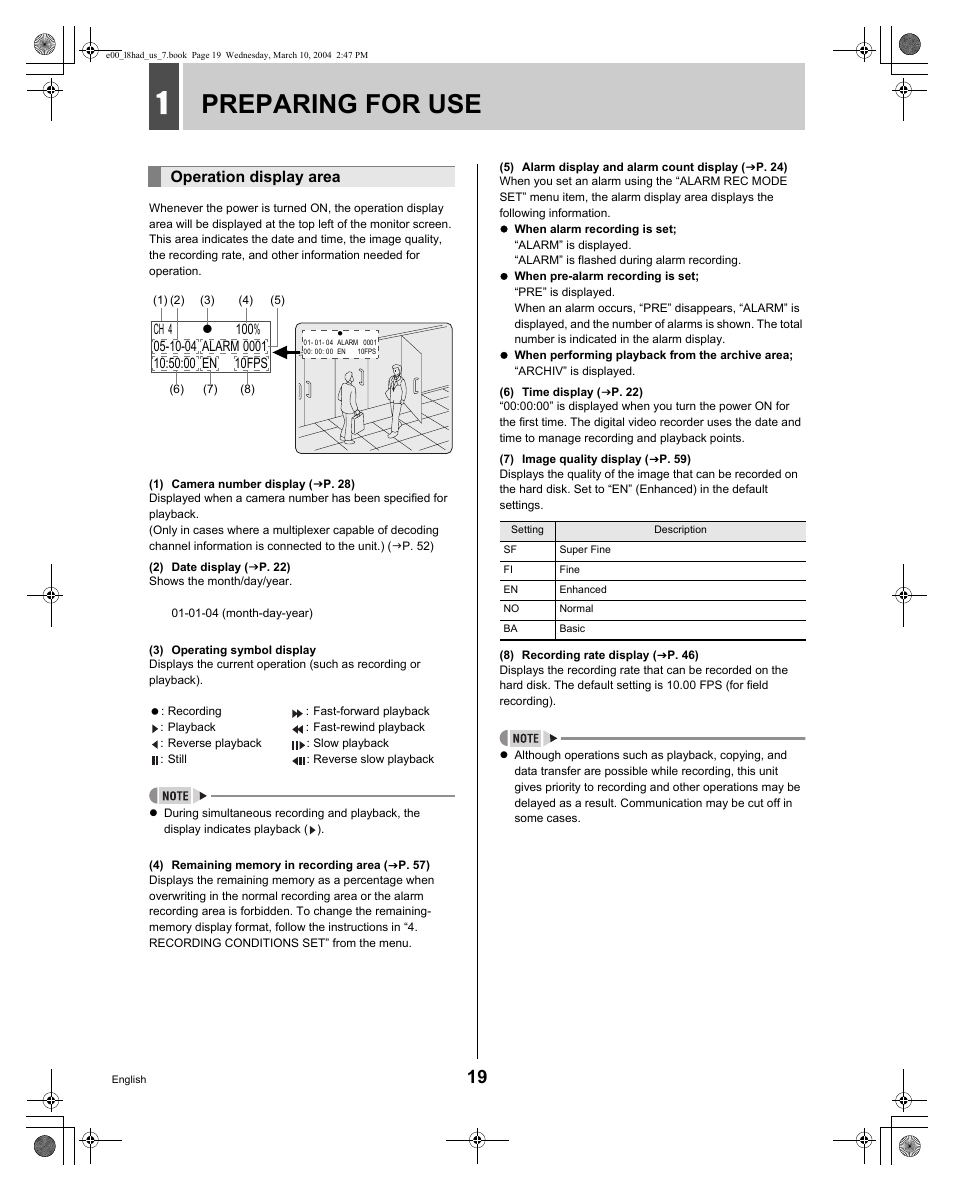 Preparing for use, Operation display area | Sanyo DSR - 300 User Manual | Page 20 / 136