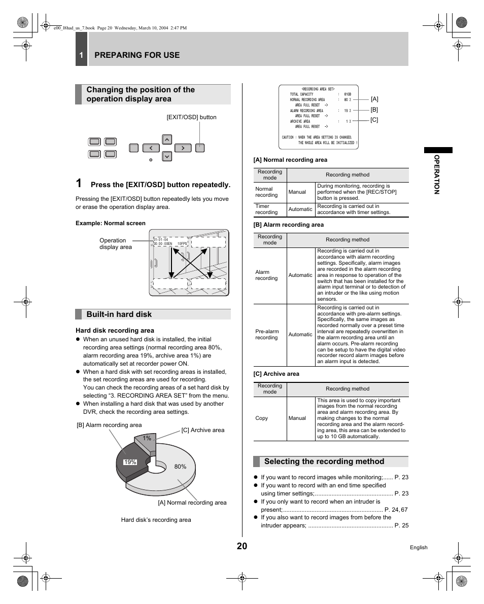 Preparing for use 1, Selecting the recording method | Sanyo DSR - 300 User Manual | Page 21 / 136