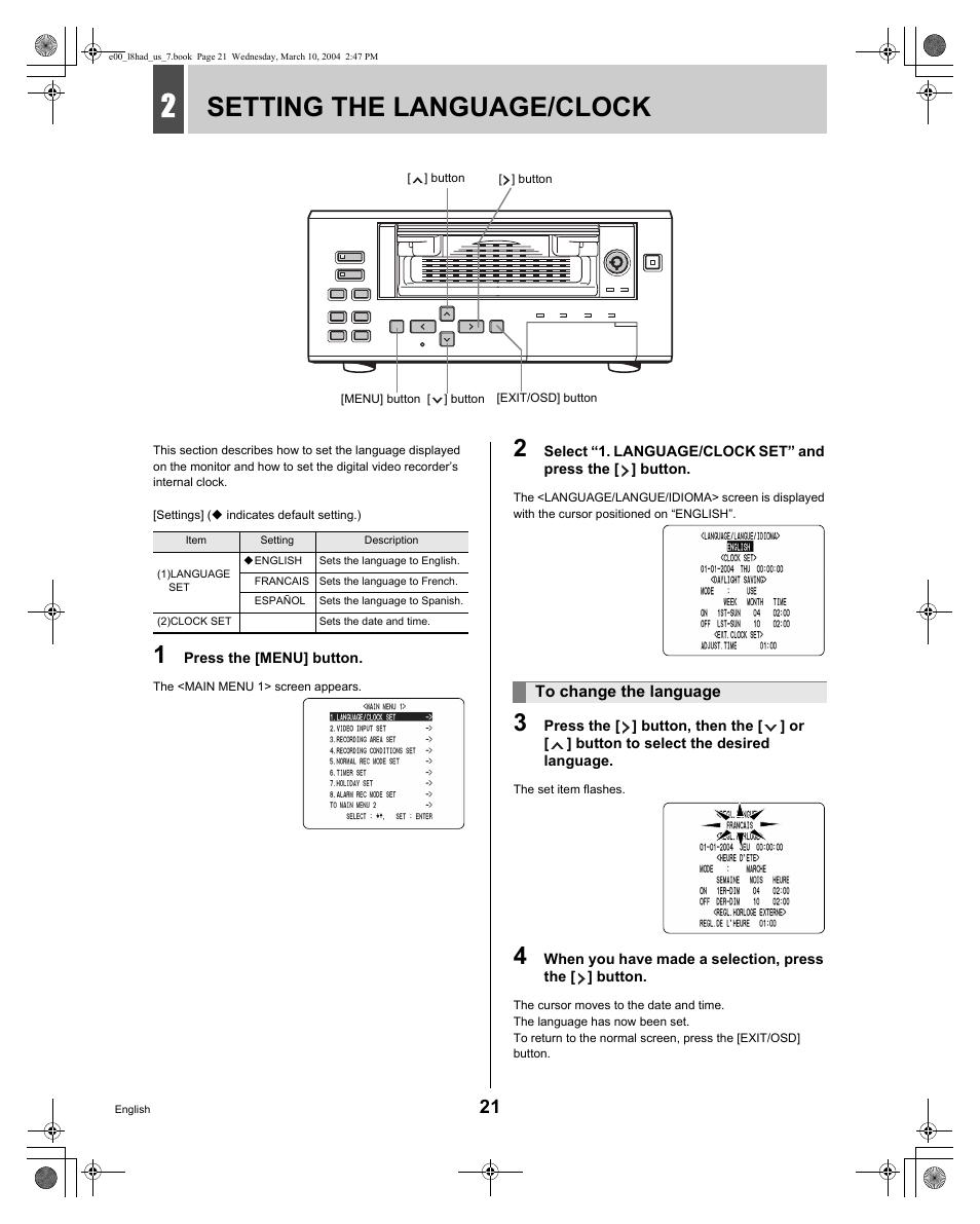Setting the language/clock | Sanyo DSR - 300 User Manual | Page 22 / 136