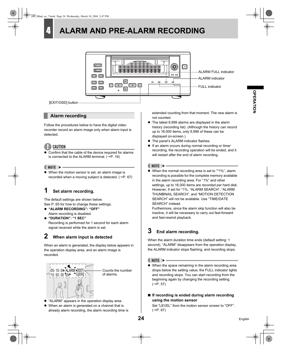 Alarm and pre-alarm recording | Sanyo DSR - 300 User Manual | Page 25 / 136