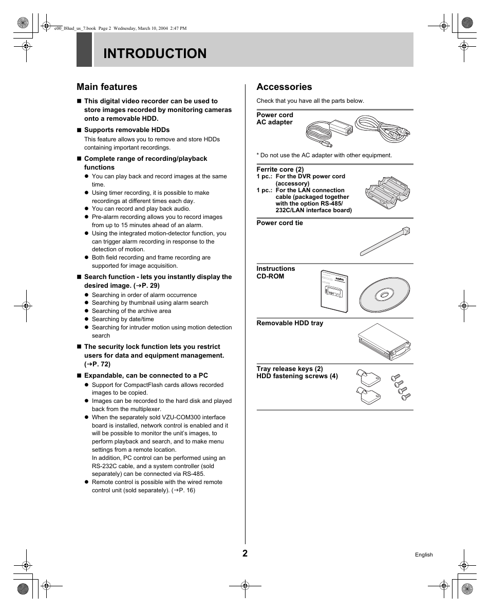 Introduction, Main features, Accessories | Sanyo DSR - 300 User Manual | Page 3 / 136
