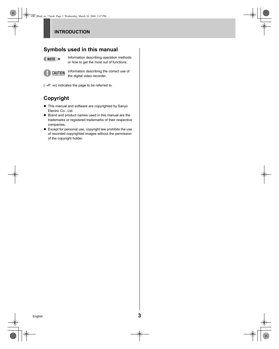 3symbols used in this manual, Copyright | Sanyo DSR - 300 User Manual | Page 4 / 136