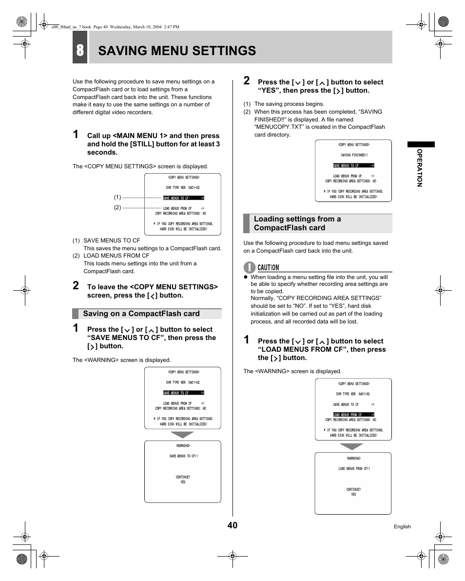 Saving menu settings | Sanyo DSR - 300 User Manual | Page 41 / 136