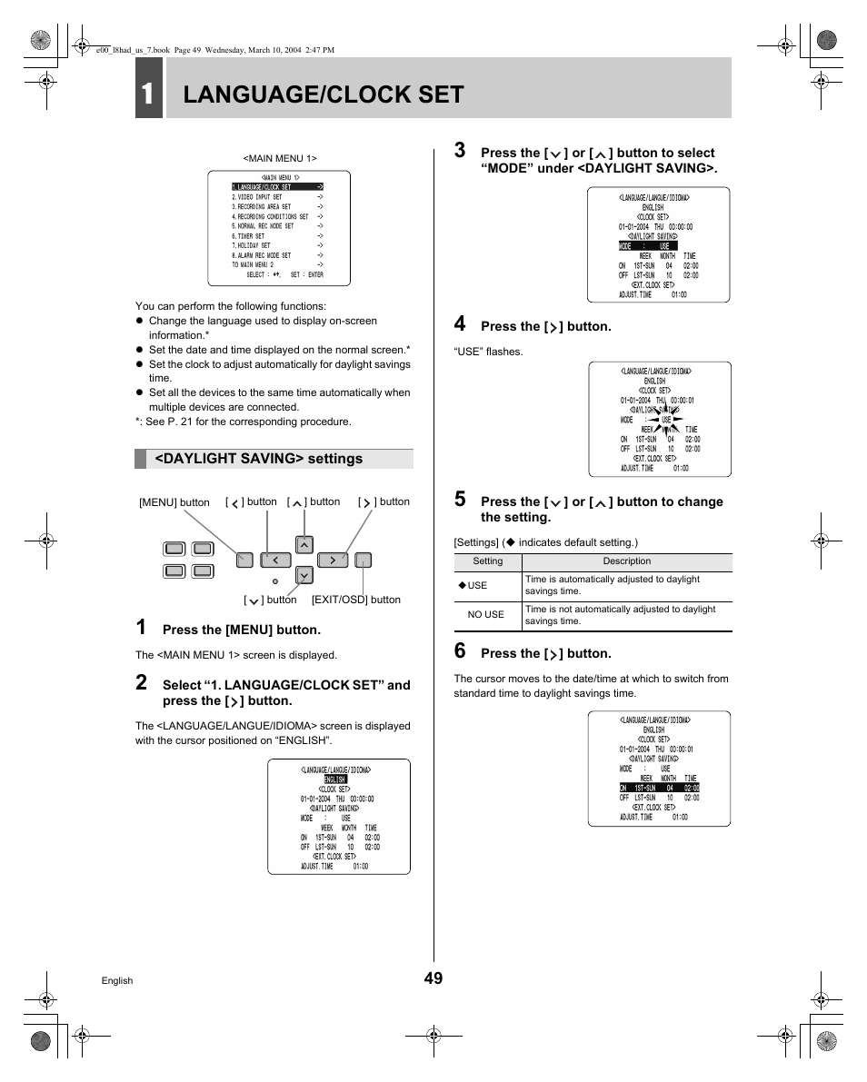 Language/clock set | Sanyo DSR - 300 User Manual | Page 50 / 136