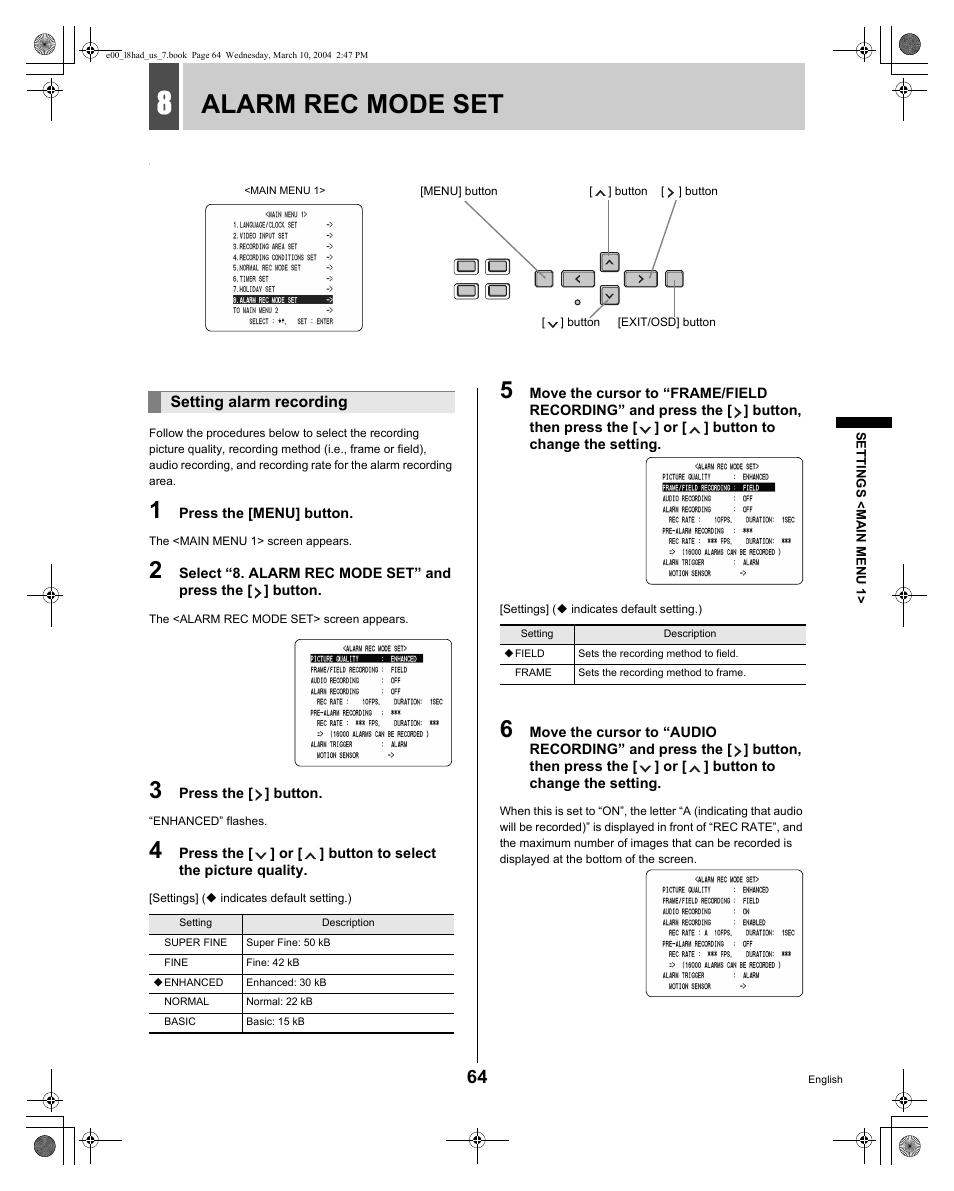 Alarm rec mode set | Sanyo DSR - 300 User Manual | Page 65 / 136
