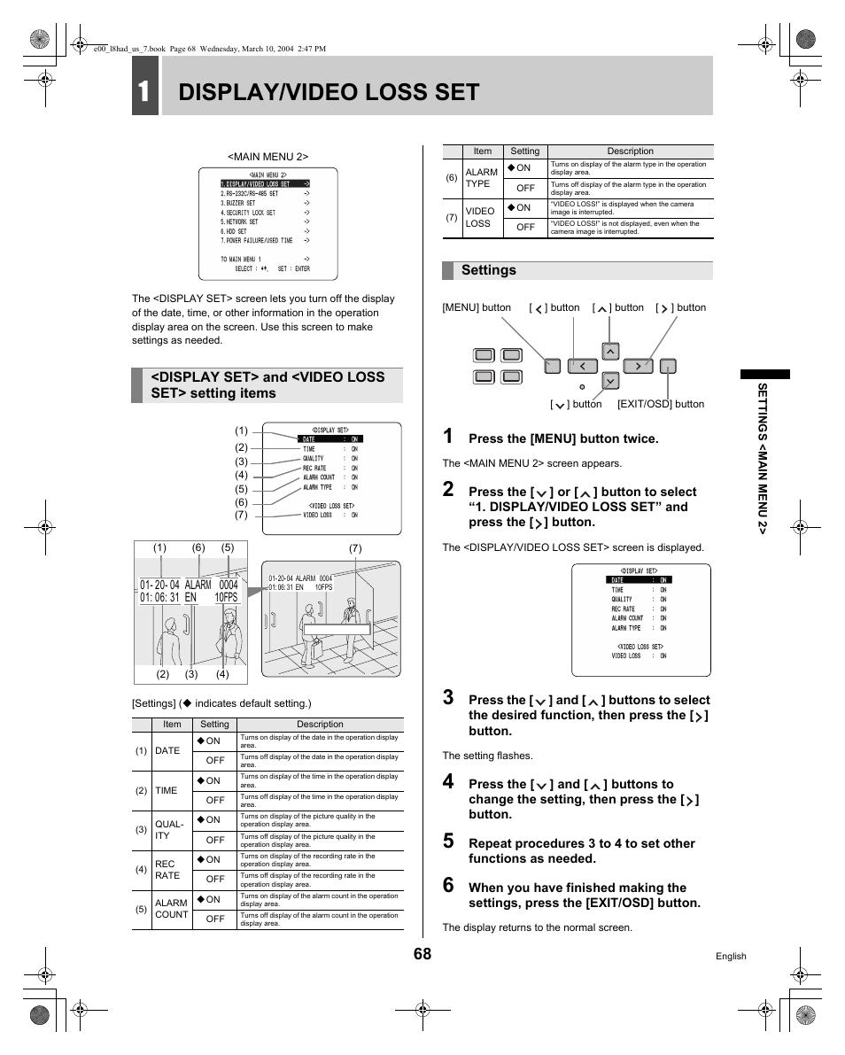 Display/video loss set | Sanyo DSR - 300 User Manual | Page 69 / 136