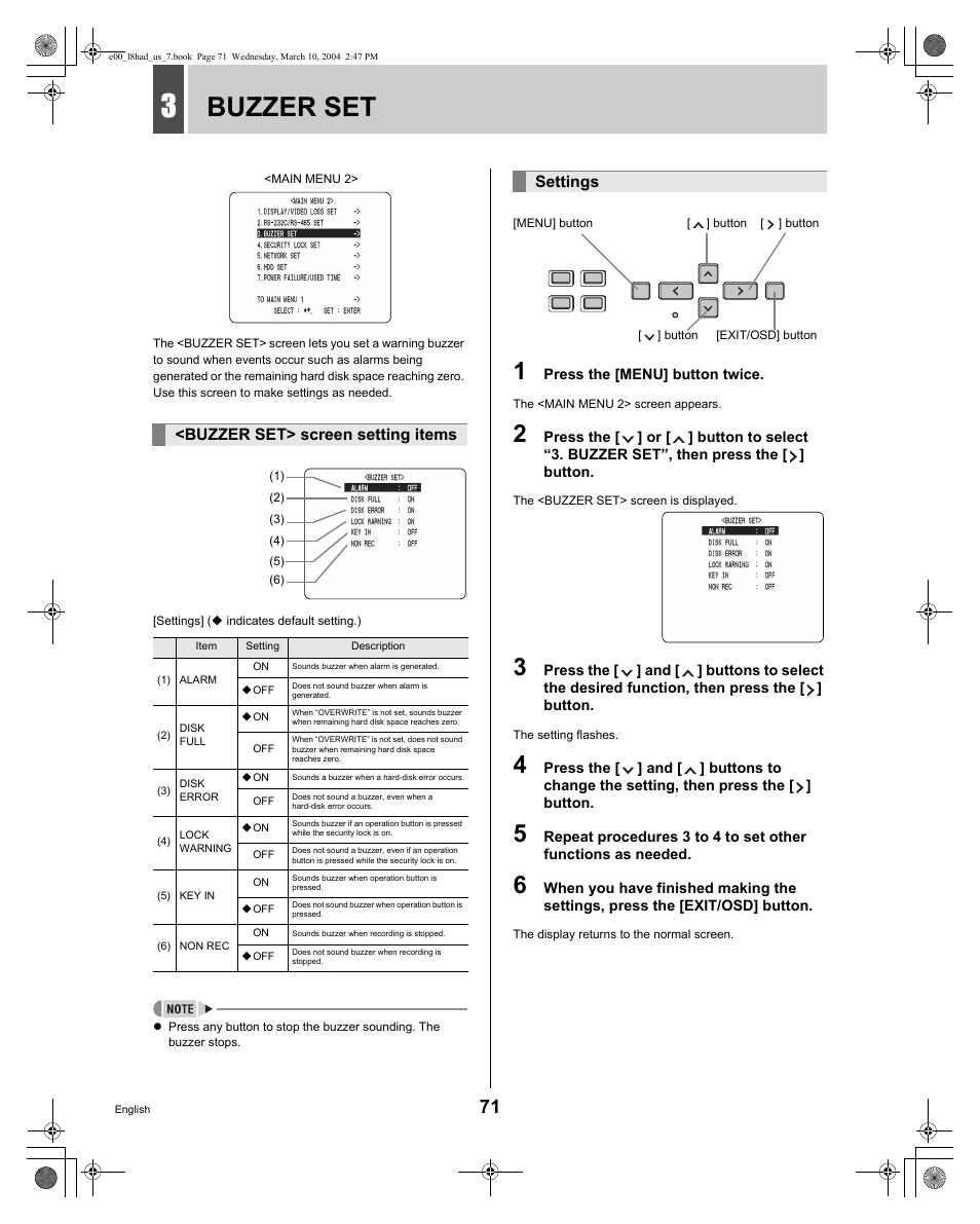 Buzzer set | Sanyo DSR - 300 User Manual | Page 72 / 136