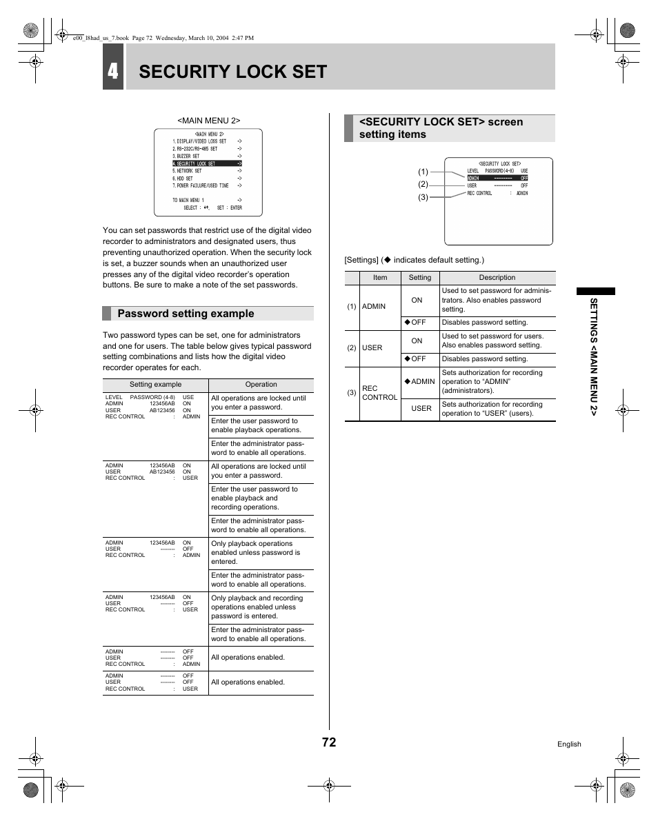 Security lock set, Password setting example, Security lock set> screen setting items | Se ttin gs <main menu 2 | Sanyo DSR - 300 User Manual | Page 73 / 136