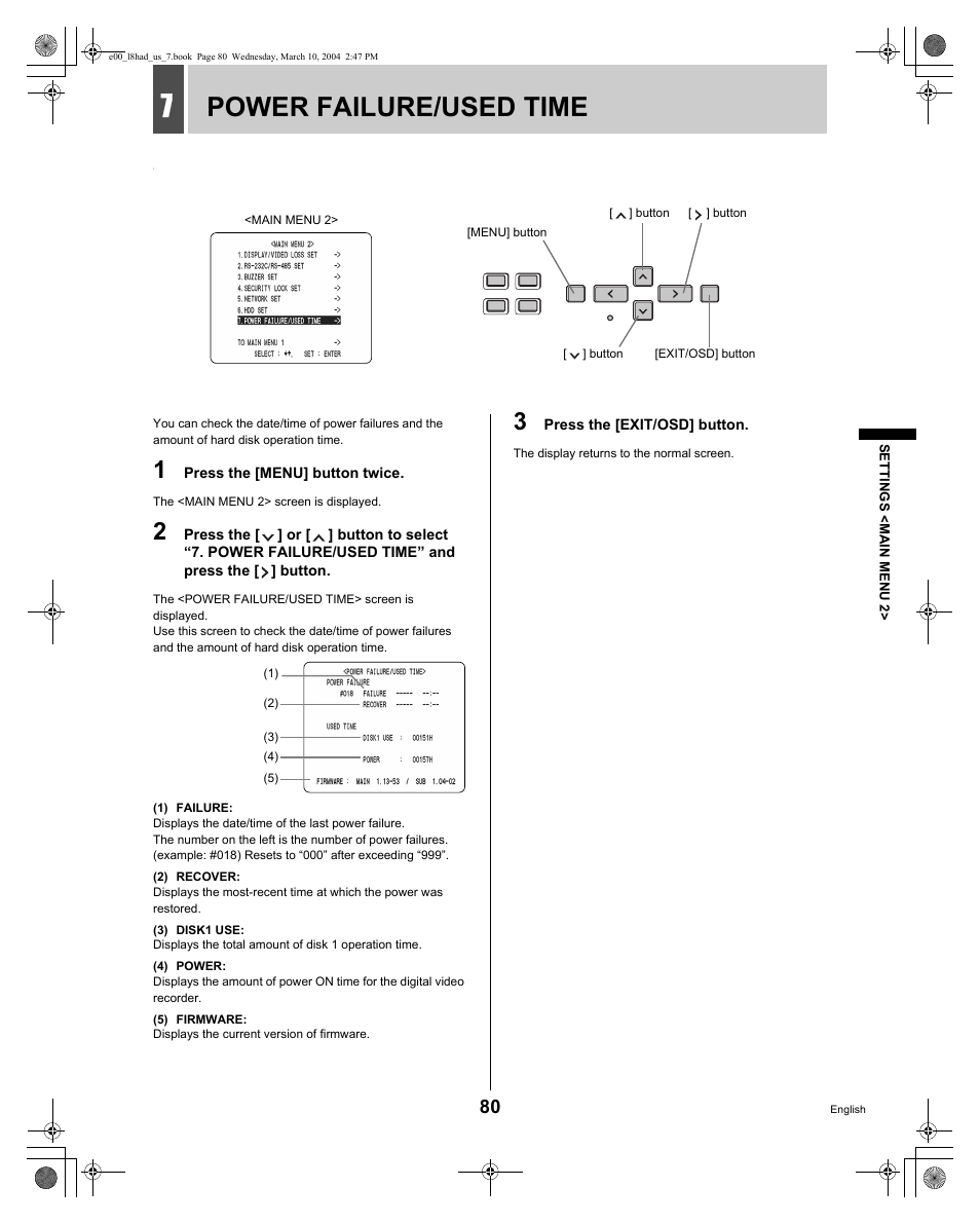 Power failure/used time | Sanyo DSR - 300 User Manual | Page 81 / 136