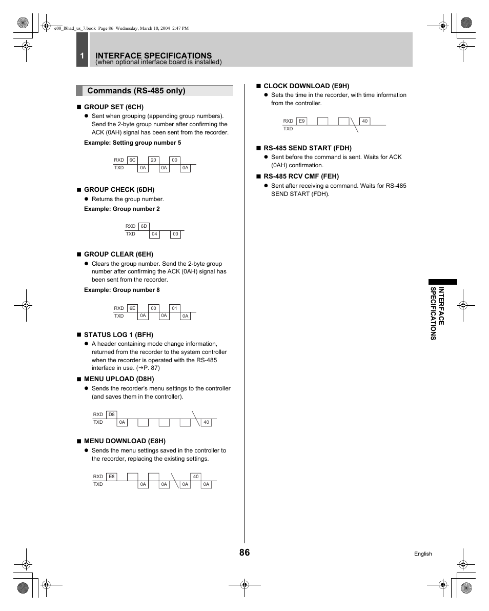 Interface specifications 1, Commands (rs-485 only) | Sanyo DSR - 300 User Manual | Page 87 / 136