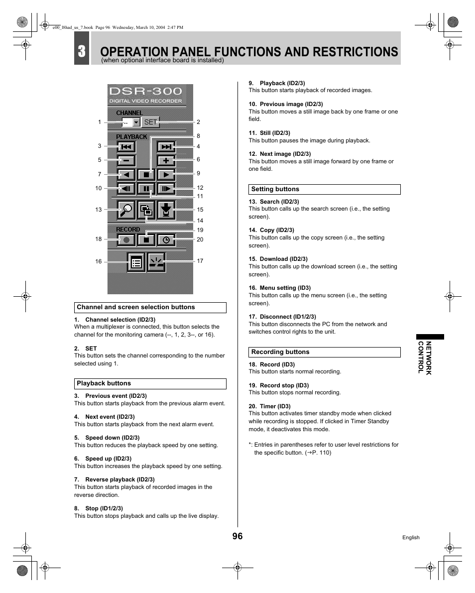 Operation panel functions and restrictions | Sanyo DSR - 300 User Manual | Page 97 / 136