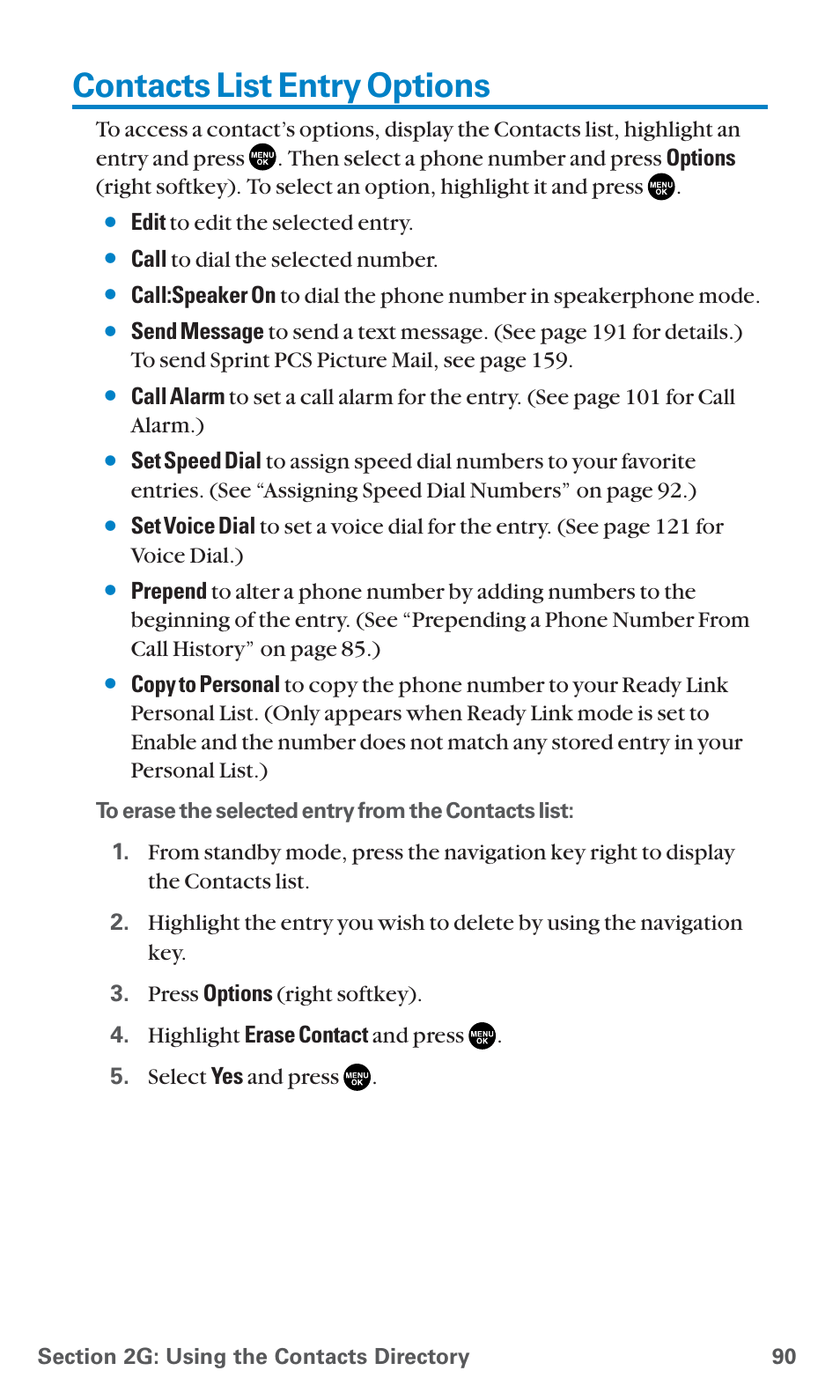 Contacts list entry options | Sanyo PCS Vision PM-8200 User Manual | Page 102 / 257