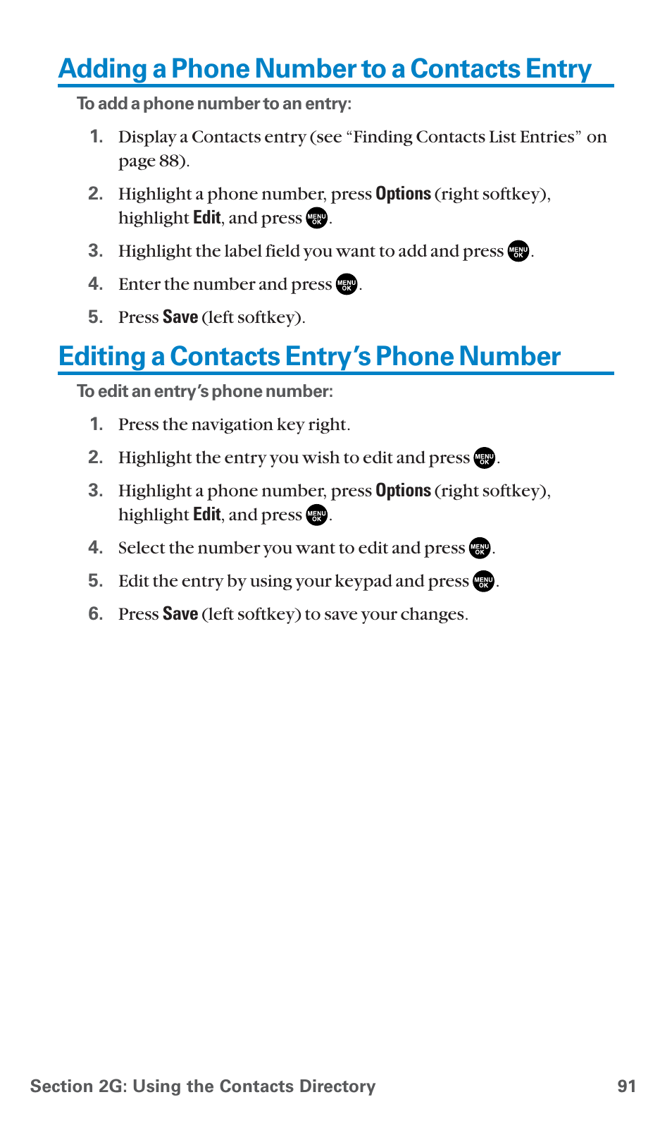 Adding a phone number to a contacts entry, Editing a contacts entry’s phone number | Sanyo PCS Vision PM-8200 User Manual | Page 103 / 257