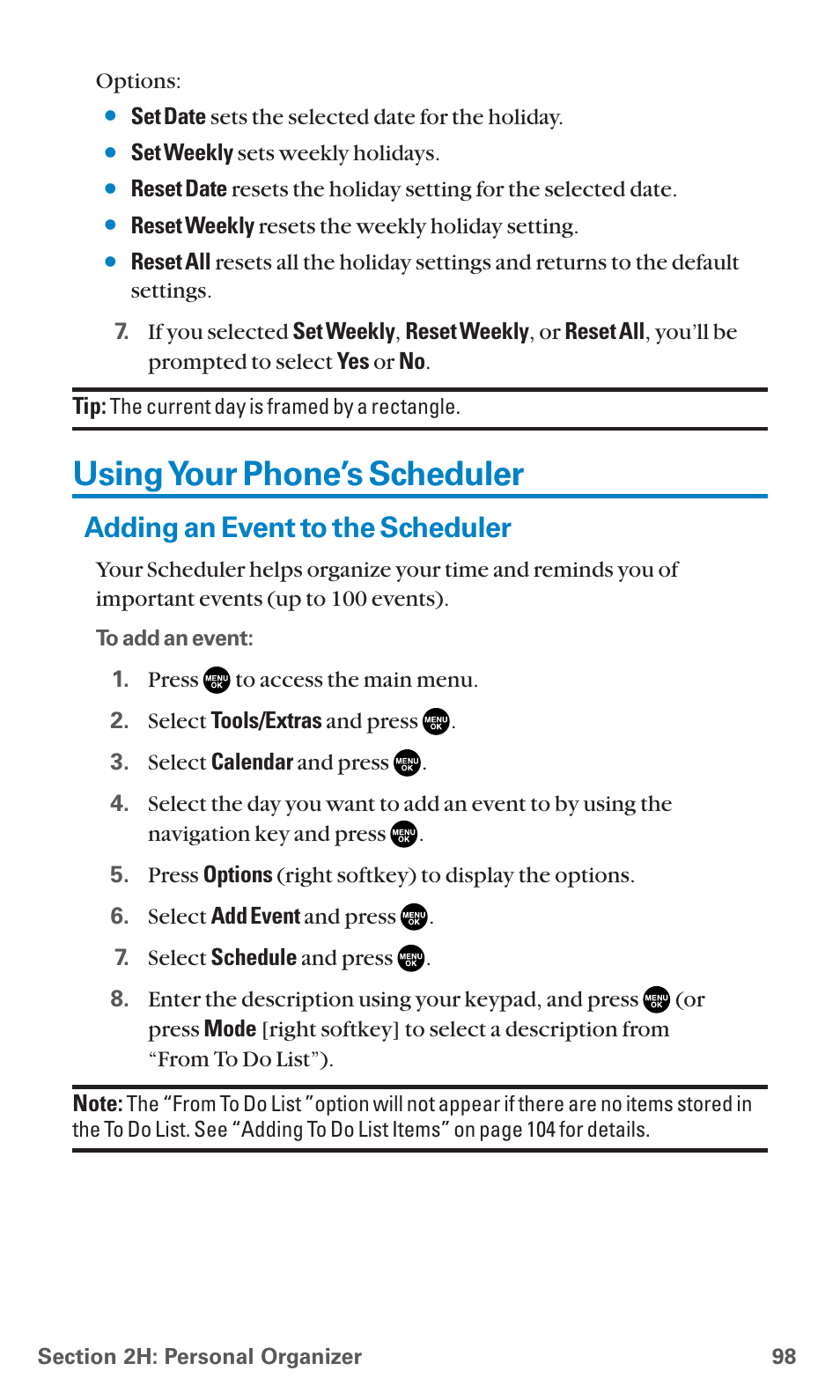 Using your phone’s scheduler, Adding an event to the scheduler | Sanyo PCS Vision PM-8200 User Manual | Page 110 / 257