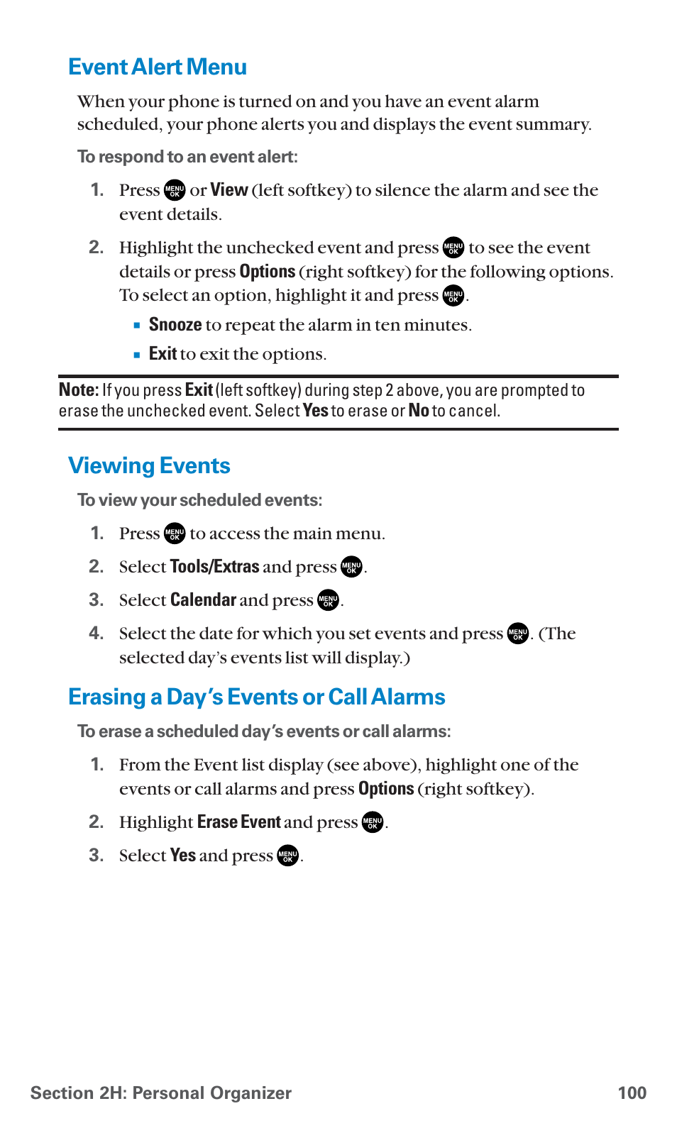 Event alert menu, Viewing events, Erasing a day’s events or call alarms | Sanyo PCS Vision PM-8200 User Manual | Page 112 / 257