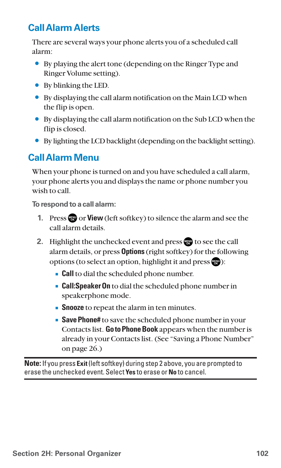 Call alarm alerts, Call alarm menu | Sanyo PCS Vision PM-8200 User Manual | Page 114 / 257