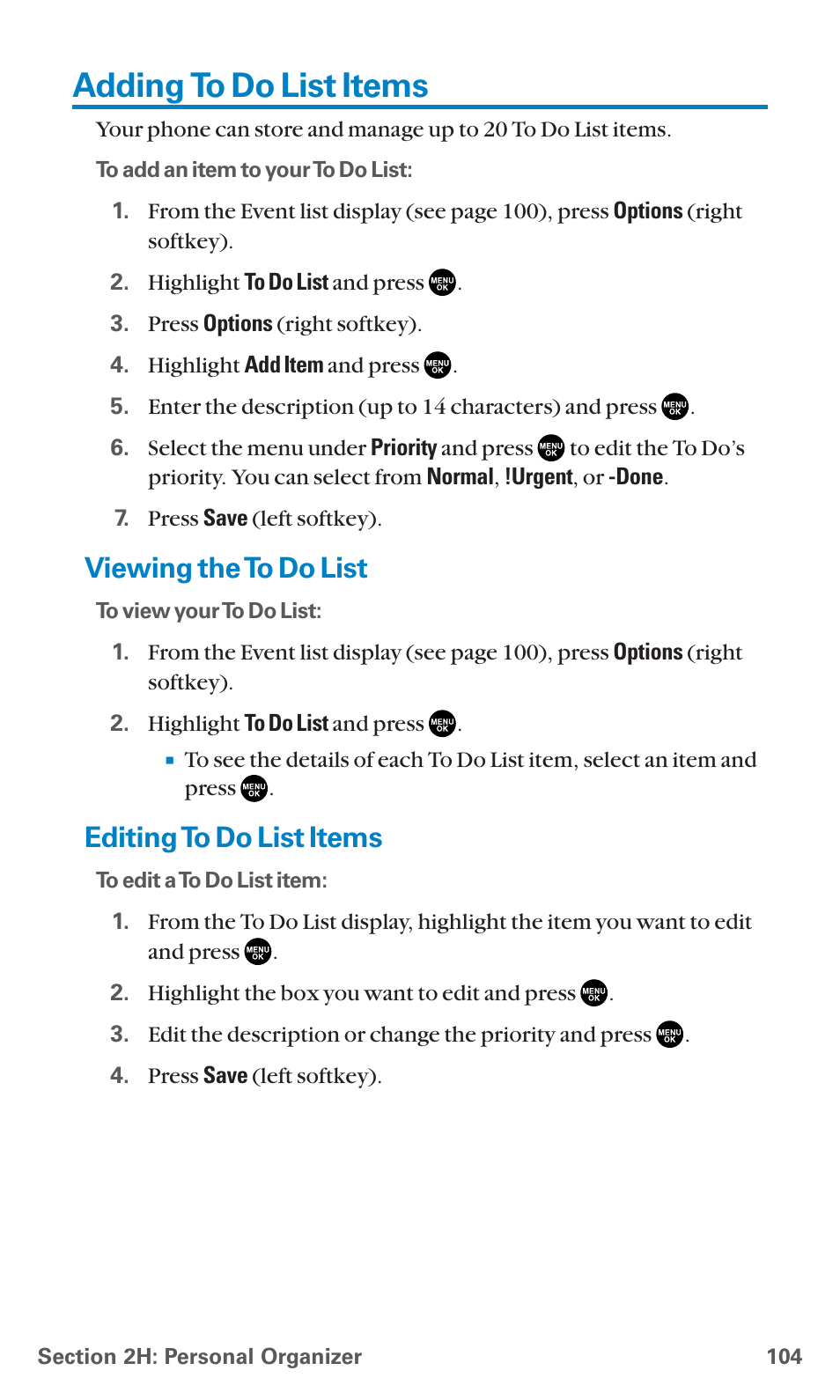 Adding to do list items, Viewing the to do list, Editing to do list items | Sanyo PCS Vision PM-8200 User Manual | Page 116 / 257