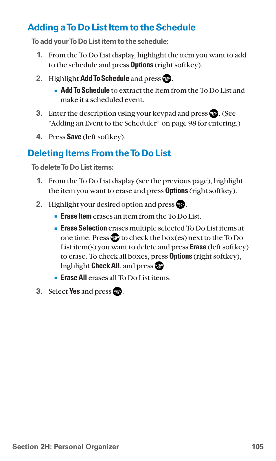 Adding a to do list item to the schedule, Deleting items from the to do list | Sanyo PCS Vision PM-8200 User Manual | Page 117 / 257