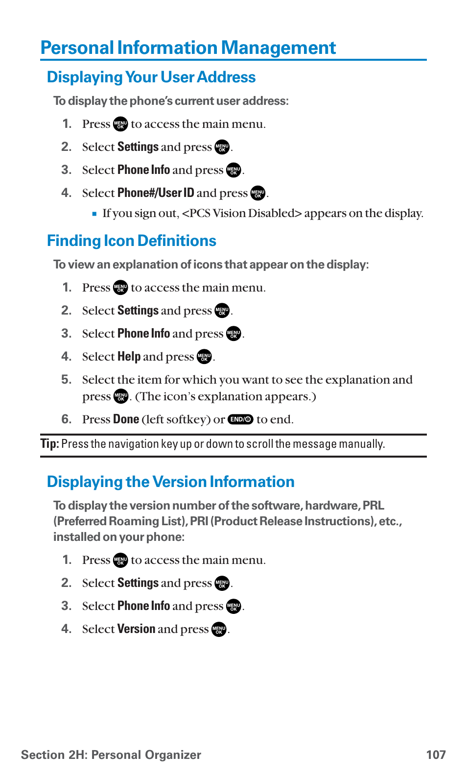 Personal information management, Displaying your user address, Finding icon definitions | Displaying the version information | Sanyo PCS Vision PM-8200 User Manual | Page 119 / 257