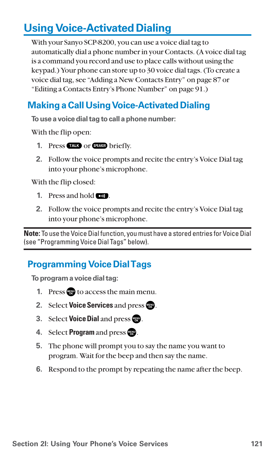 Using voice-activated dialing, Making a call using voice-activated dialing, Programming voice dial tags | Sanyo PCS Vision PM-8200 User Manual | Page 133 / 257