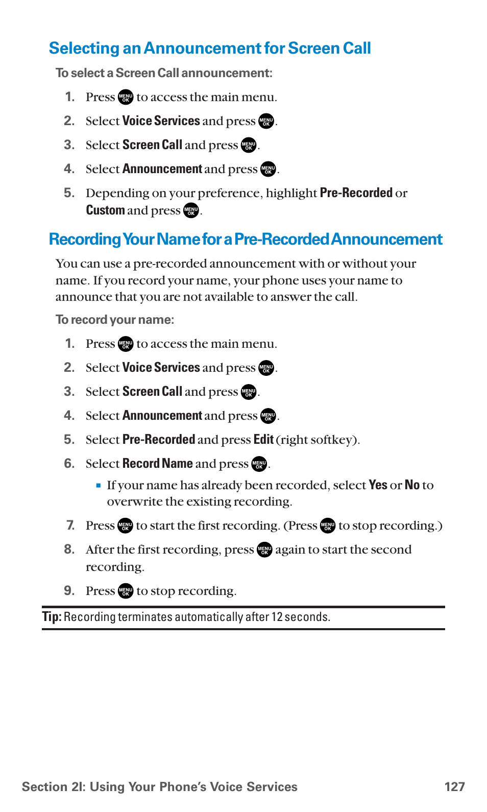 Selecting an announcement for screen call, Recordingyour name for a pre-recorded announcement | Sanyo PCS Vision PM-8200 User Manual | Page 139 / 257