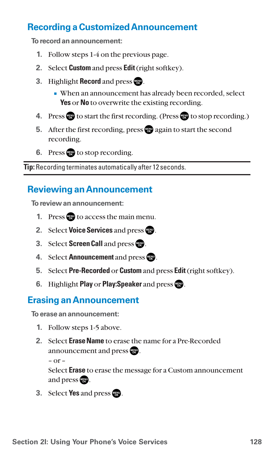 Recording a customized announcement, Reviewing an announcement, Erasing an announcement | Sanyo PCS Vision PM-8200 User Manual | Page 140 / 257