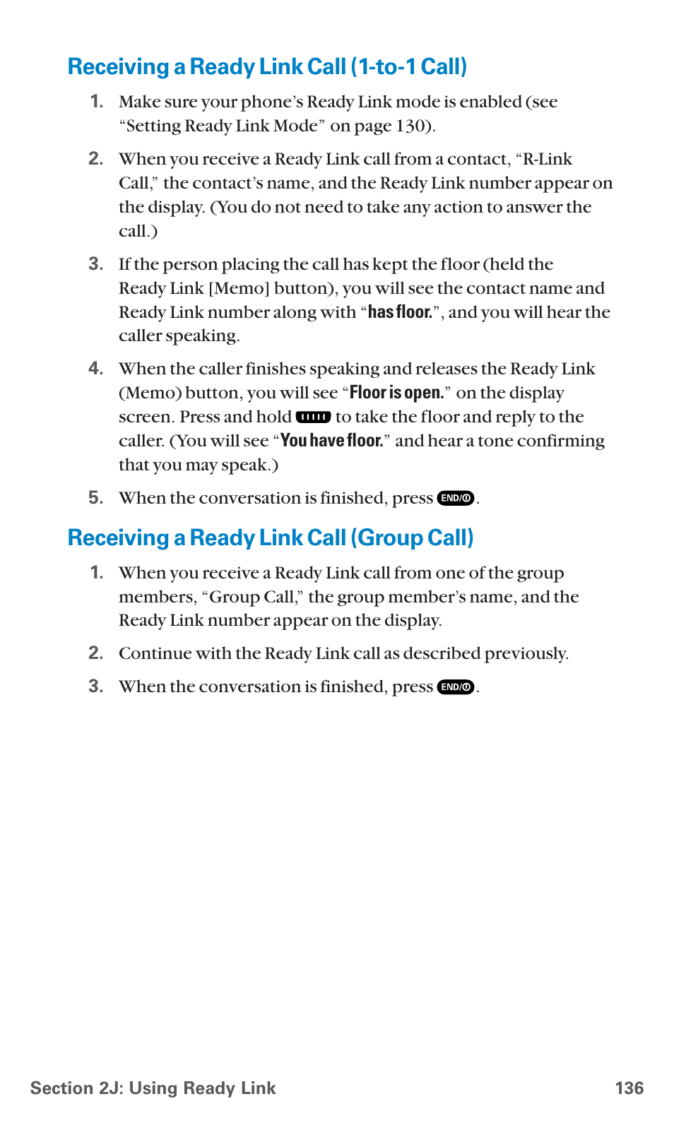 Receiving a ready link call (1-to-1 call), Receiving a ready link call (group call) | Sanyo PCS Vision PM-8200 User Manual | Page 148 / 257